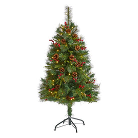 4' Mixed Pine Artificial Christmas Tree with 100 Clear LED Lights, Pine Cones and Berries
