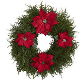 24" Cedar and Poinsettia Artificial Wreath