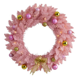 24" Pink Artificial Christmas Wreath with 35 LED Lights and Ornaments