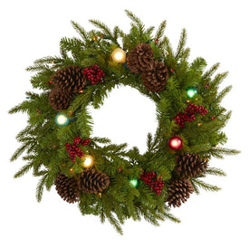 24" Christmas Artificial Wreath with 50 Multi-Colored Lights, 7 Multi-Colored Globe Bulbs, Berries and Pine Cones