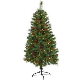 5' Mixed Pine Artificial Christmas Tree with 150 Clear LED Lights, Pine Cones and Berries