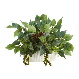 14" Mixed Greens Artificial Plant in White Planter