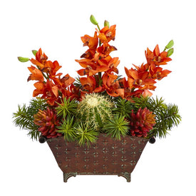 21" Cymbidium Orchid, Cactus and Succulent Artificial Arrangement in Metal Vase