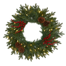 24" Green Pine Artificial Christmas Wreath with 50 Warm White LED Lights, Berries and Pine Cones