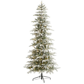 7.5' Slim Flocked Nova Scotia Spruce Artificial Christmas Tree with 450 Warm White LED Lights and 909 Bendable Branches