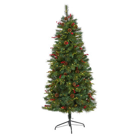 6' Mixed Pine Artificial Christmas Tree with 250 Clear LED Lights, Pine Cones and Berries