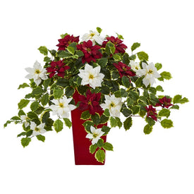 23" Poinsettia and Variegated Holly Artificial Plant in Decorative Planter (Real Touch