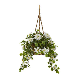 3.5' Poinsettia and Variegated Holly Artificial Plant in Hanging Basket (Real Touch