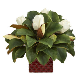 13" Magnolia Bud Artificial Plant in Red Planter