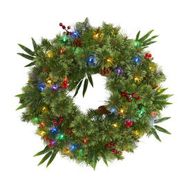 24" Mixed Pine Artificial Christmas Wreath with 50 Multi-Colored LED Lights, Berries and Pine Cones