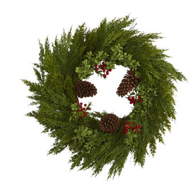 26" Cypress with Berries and Pine Cones Artificial Wreath
