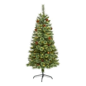 5' White Mountain Pine Artificial Christmas Tree with 200 Clear LED Lights and Pine Cones