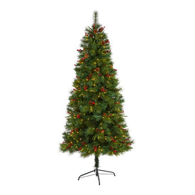 7' Mixed Pine Artificial Christmas Tree with 350 Clear LED Lights, Pine Cones and Berries