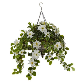 3' Poinsettia and Variegated Holly Artificial Plant in Metal Hanging Bowl (Real Touch