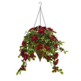 3.5' Poinsettia and Variegated Holly Artificial Plant in Hanging Cone Basket (Real Touch