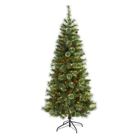 6' White Mountain Pine Artificial Christmas Tree with 300 Clear LED Lights and Pine Cones