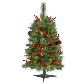 3' Norway Mixed Pine Artificial Christmas Tree with 50 Clear LED Lights, Pine Cones and Berries