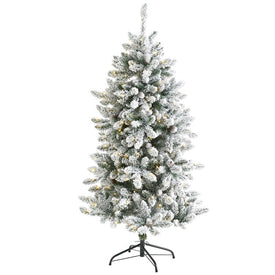 5' Flocked Livingston Fir Artificial Christmas Tree with Pine Cones and 200 Clear Warm LED Lights