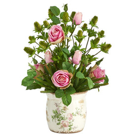 24" Rose, Thistle and Succulent Artificial Arrangement in Floral Vase