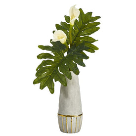 30" Calla Lily Artificial Arrangement in Stoneware Oval Vase with Gold Trimming