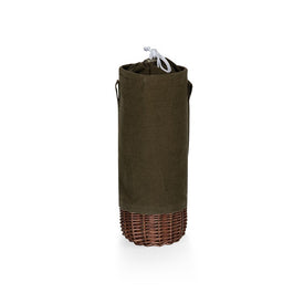 Malbec Insulated Canvas and Willow Wine Bottle Basket, Khaki Green with Beige Accents