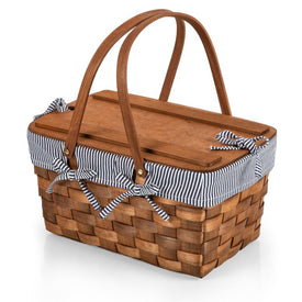 Kansas Handwoven Wood Picnic Basket, Navy Blue & White Stripe