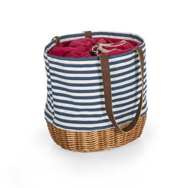 Coronado Canvas and Willow Basket Tote, Navy Blue & White Stripe