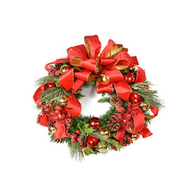 18" Artificial Evergreen Wreath with Red and Gold Decorations and Red Bow