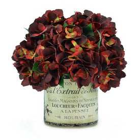 11" Artificial Burgundy Hydrangea, Hydra Flower in Embellished Glass Vase