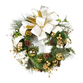24" Artificial Evergreen Wreath Adorned with White Berries, Natural Looking Pine Cones, Gold Balls and Gold Gift Ornaments, Finished with a Large White and Gold Ribbon