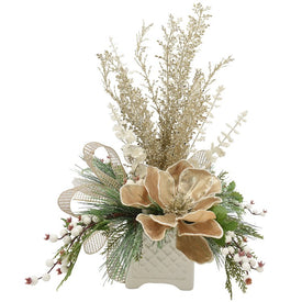 22" Artificial Holiday Floral Arrangement with Ribbon in White Lattice Pot