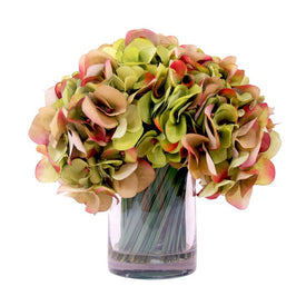 16" Artificial Pink/Green Hydrangeas in Glass Vase with Grass Blades and Acrylic Water