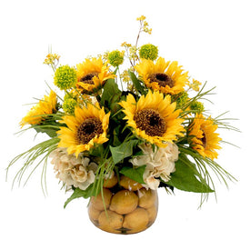 21" Artificial Sunflowers and Hydrangea with Grass Allium and Yellow's Baby Breath in Lemon Vase