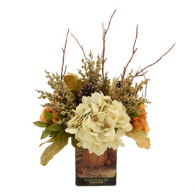 19" Artificial Cream, Orange Heather, Garland, and Pine Cones Arranged in a Seed Card Decorated Vase