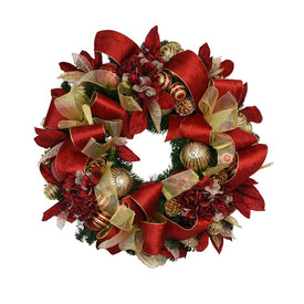31" Artificial Wreath with Red/Gold Balls, Gold Bows, Red Velvet Ribbon, Red Velvet Leaves, and Gold Pine Cones
