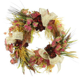 22" Wreath with Fall Colors and Burlap Ribbon