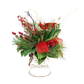 30" Artificial Holiday Floral Arrangement with Red Bow and Cardinal in Wood Merry Christmas Pot