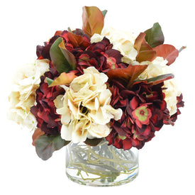 11" Artificial Cream Hydrangea Bush, Burgundy Hydrangea, Magnolia Leaves and Vine in Glass Vase