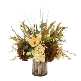 25" Artificial Fall Autumn Floral Bouquet in Clear Glass Vase with Birch Sticks