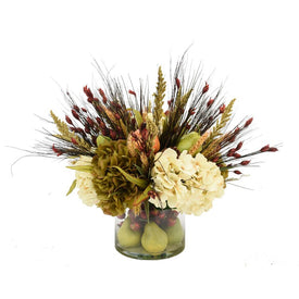 25" Artificial Fall Autumn Floral Bouquet in Clear Glass Vase with Pears