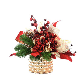 135" Artificial Red and Gold Holiday Floral Arrangement in Champagne-Colored Glass Vase