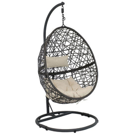 Caroline Resin Wicker Hanging Egg Chair with Cushions and Stand - Beige