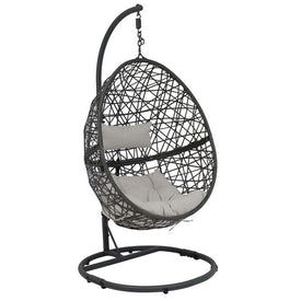 Caroline Resin Wicker Hanging Egg Chair with Cushions and Stand - Gray