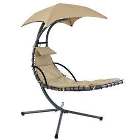 80" Floating Chaise Lounge Chair Swing with Umbrella - Beige