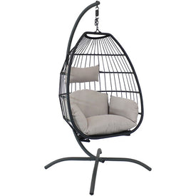 Oliver Hanging Egg Chair with Seat Cushions and Stand - Black