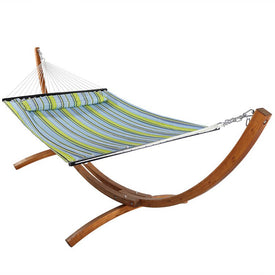 Quilted Fabric Two-Person Hammock with 12' Arc Wood Stand - Blue and Green