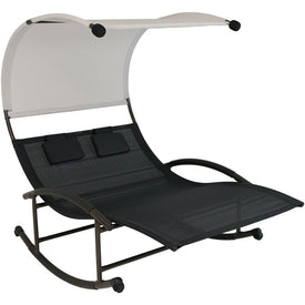 Double Rocking Chaise Lounge with Canopy and Pillows - Black