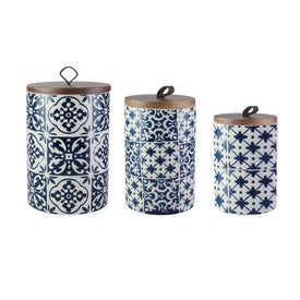 Blue Medallions Canisters with Wooden Lids Set of 3