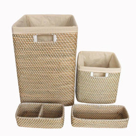 Around the Home Natural Seagrass with White Accents Hamper and Bath Storage Baskets Set of 5