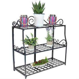 Three-Tier Metal Iron Plant Stand with Scroll Edging - Black